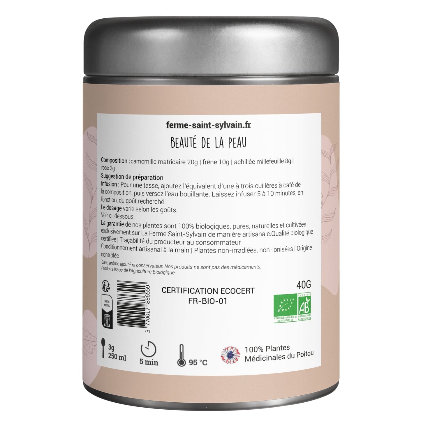 Tisane Beauté de la peau Bio : camomille matricaire, frêne, achillée millefeuille, rose