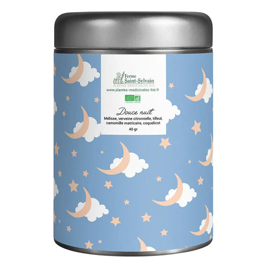 Tisane Douce nuit Bio : mélisse, verveine citronnelle, tilleul, camomille matricaire, CBD Purple, coquelicot