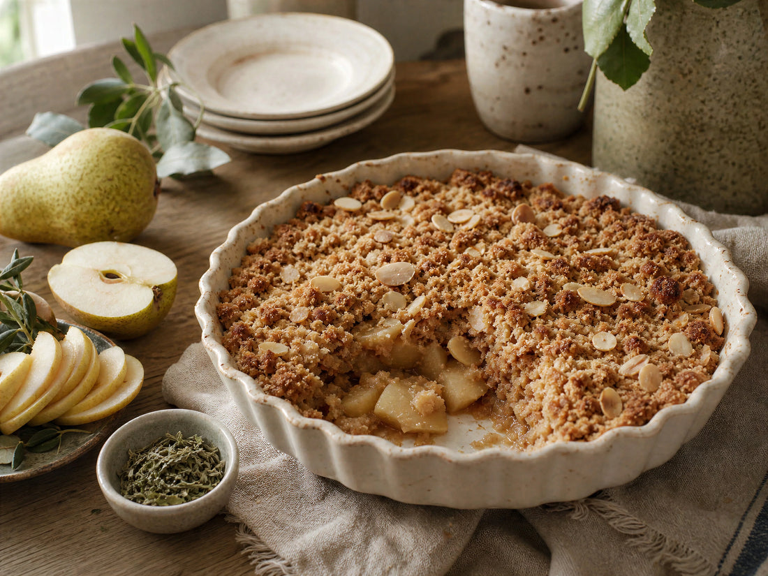 Crumble pommes-poires à la mélisse séchée et aux amandes