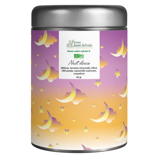 Tisane Nuit Douce Bio : mélisse, verveine citronnelle, tilleul, purple, camomille matricaire, coquelicot