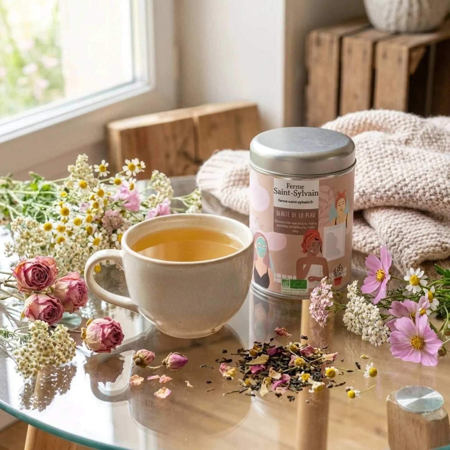 Tisane Beauté de la peau Bio : camomille matricaire, frêne, achillée millefeuille, rose