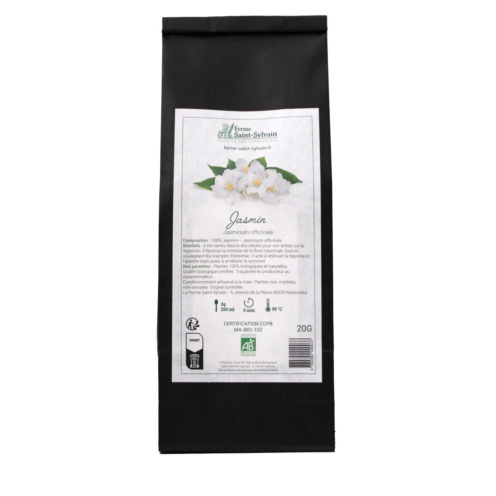 Photo du sachet de tisane jasmin bio en fleurs séchées, emballé en kraft