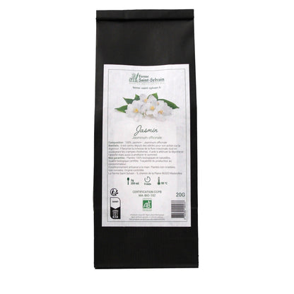 Photo du sachet de tisane jasmin bio en fleurs séchées, emballé en kraft