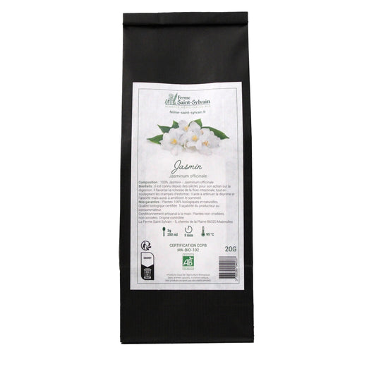 Photo du sachet de tisane jasmin bio en fleurs séchées, emballé en kraft