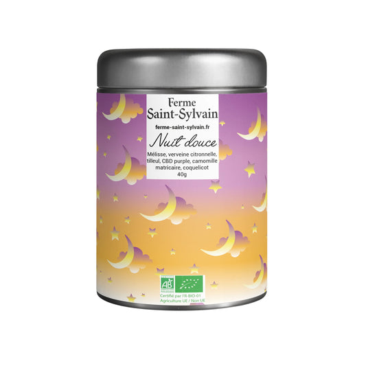 Tisane Nuit Douce Bio : mélisse, verveine citronnelle, tilleul, purple, camomille matricaire, coquelicot