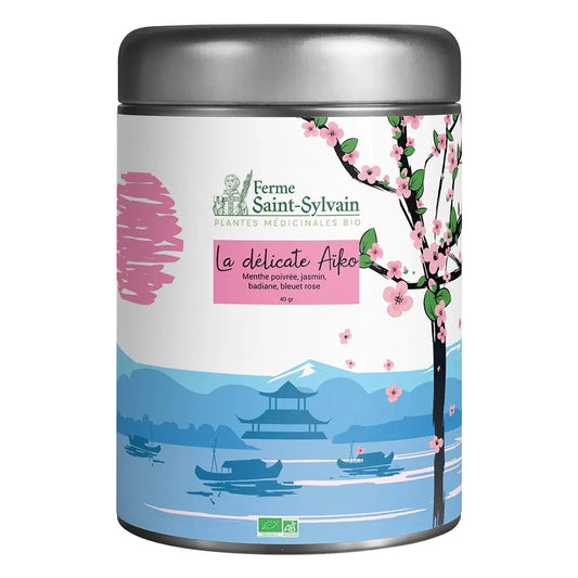 Tisane La Délicate Aiko Bio : menthe poivrée, jasmin, badiane, bleuet rose